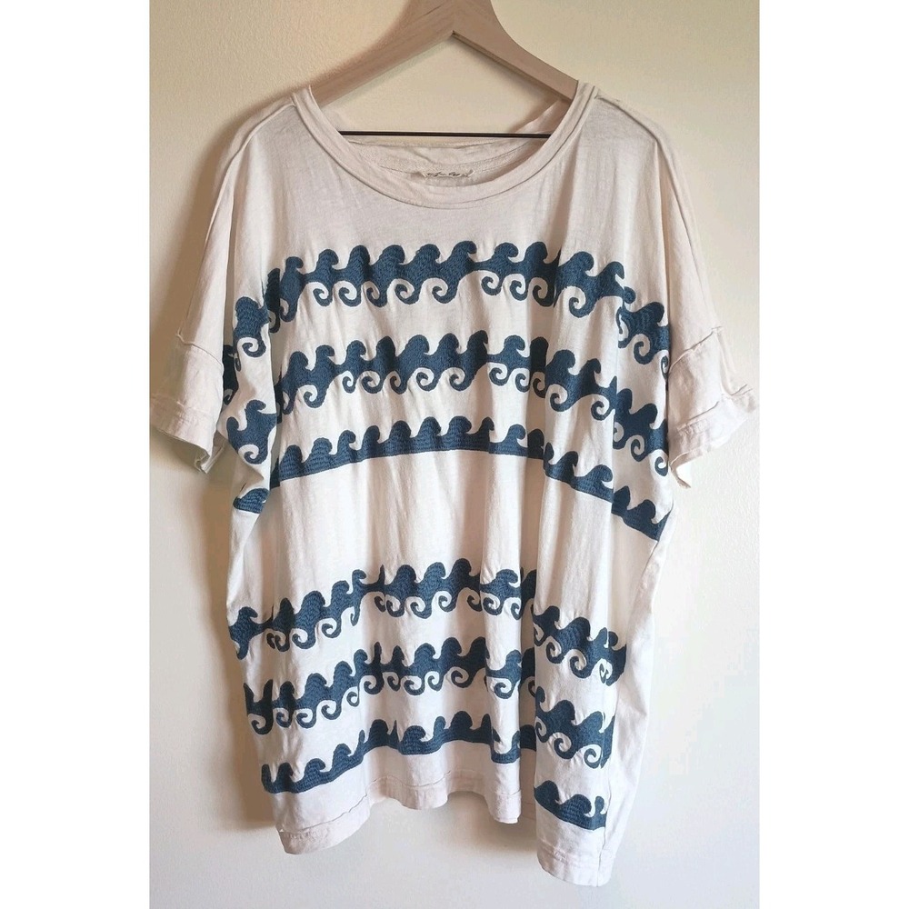 Free People We The Free Chill Vibes Tee XS Oversized Wave Embroidered Cotton - Picture 2 of 14